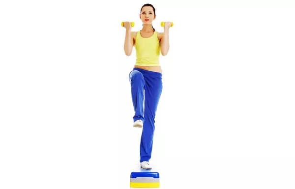 Step up with knee lift and bicep curl exercise for pear shaped body