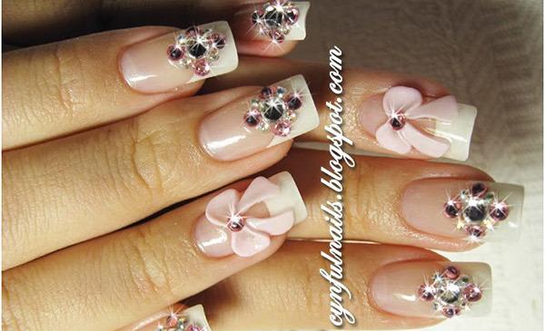 Pink Bow And Rhinestone Nail Art