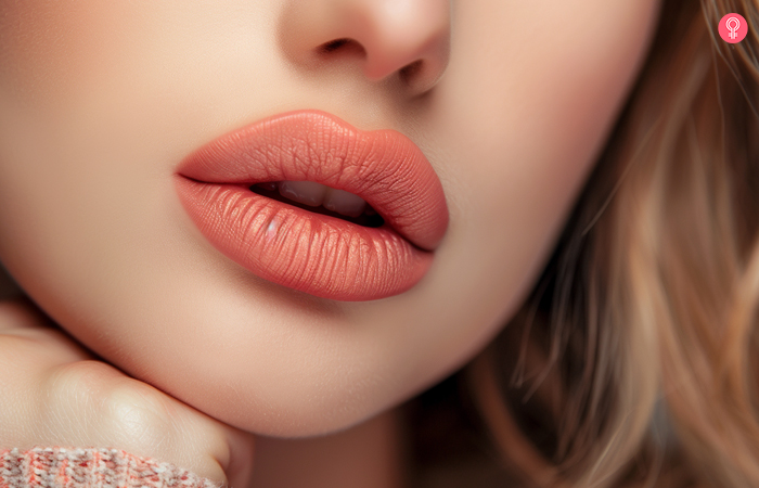 A woman flaunting her pucker-up lips with a lovely shade of pink lipstick