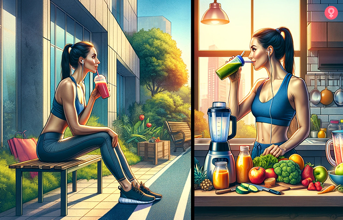 Woman drinking readymade workout drink versus woman drinking homemade workout drink