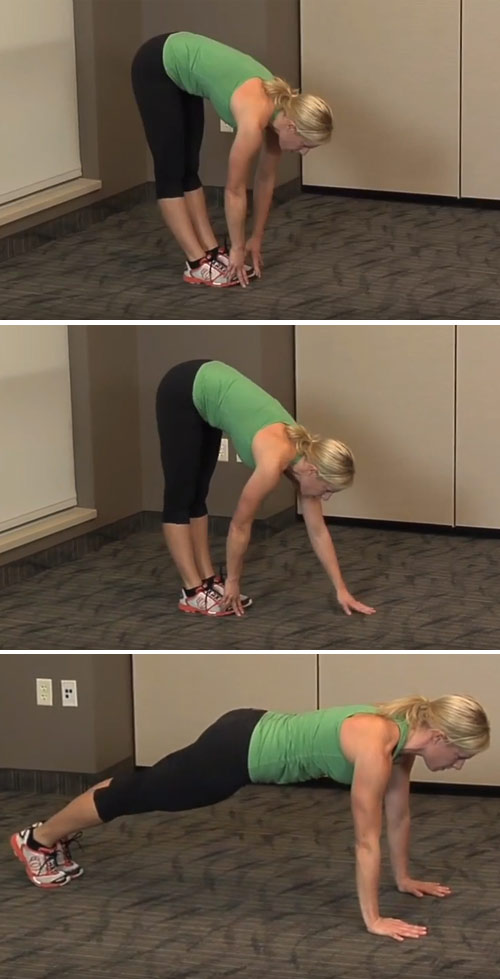 Woman performing the inchworm as an arm exercise without weights