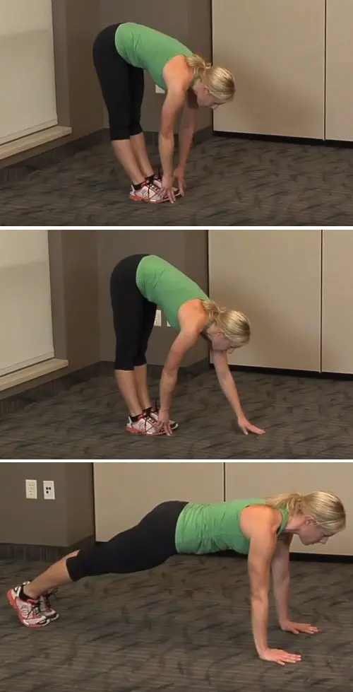 Woman performing the inchworm as an arm exercise without weights