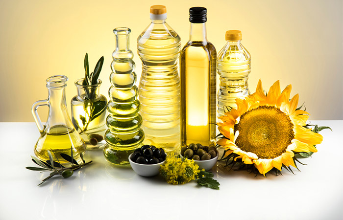 Olive oil bottles on the left and sunflower bottles on the right