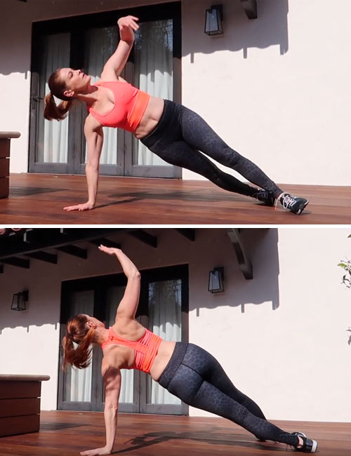 Plank rotation is an advanced arm exercise without weights that you need to take slow at first and then speed up