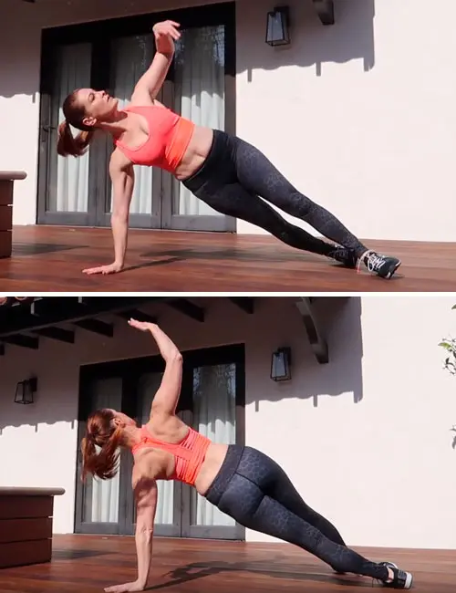 Plank rotation is an advanced arm exercise without weights that you need to take slow at first and then speed up