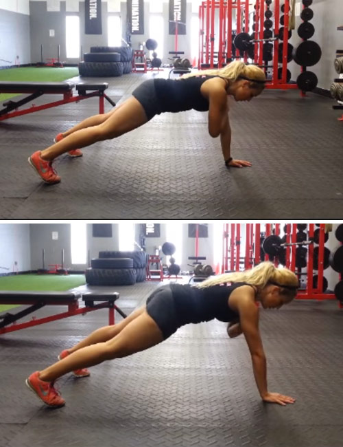 Plank taps are a great arm exercise without weights to build arm strength