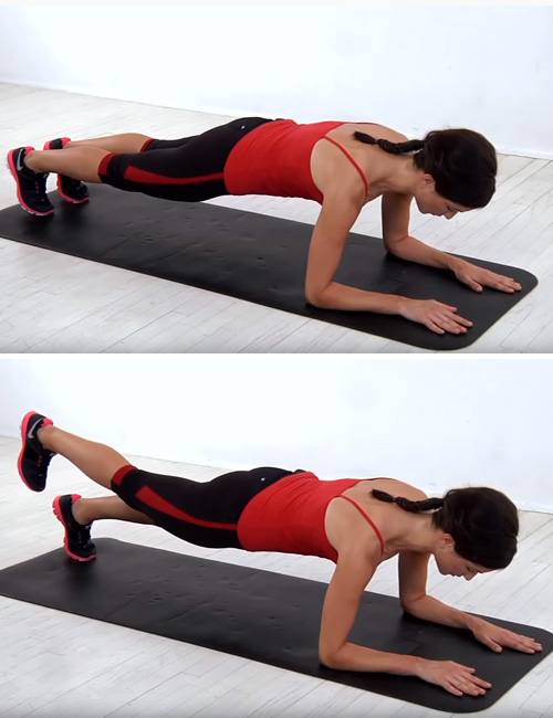 The plank with leg lift is among the best arm exercises without weights for working the core