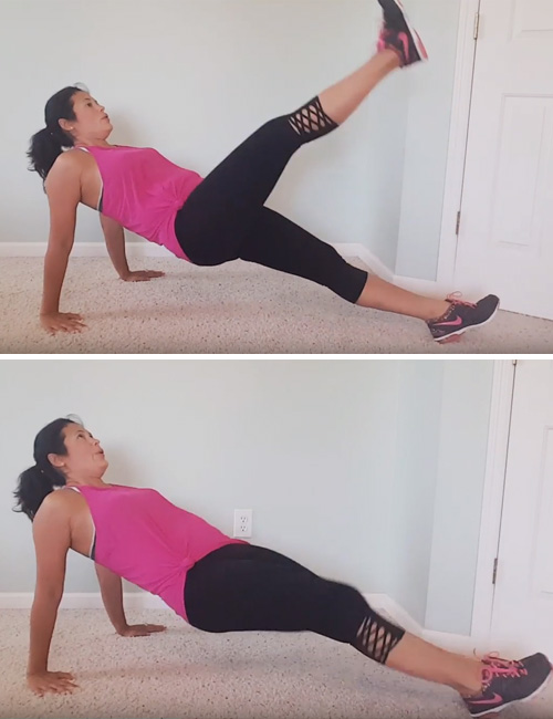 Reverse plank leg lift is an arm exercise without weights that works on the arms, glutes, and abs