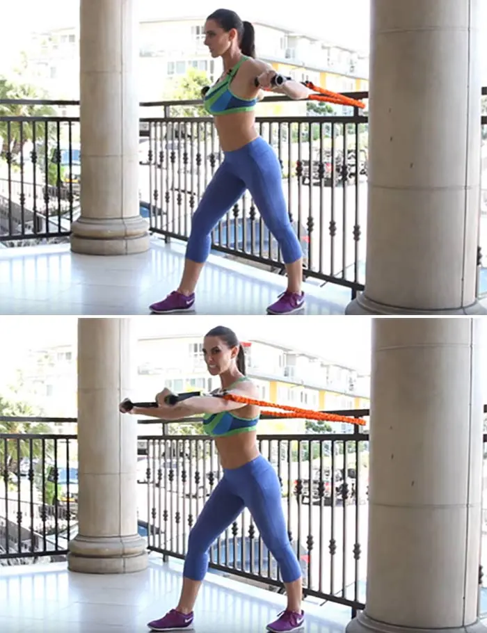 Staggered chest press exercise for women
