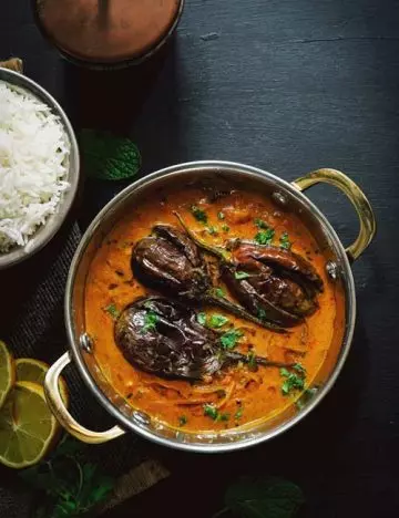 Eggplant yogurt curry is the main course Indian vegetarian dinner food