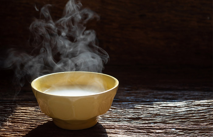 Bowl of hot rice water for hair mask