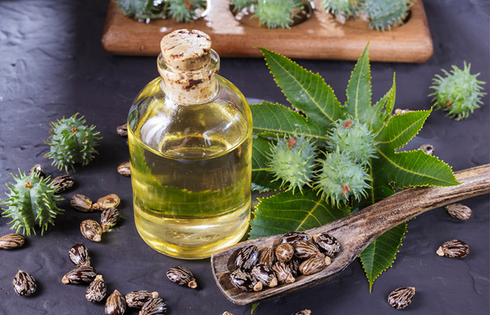 Castor oil in a glass bottle