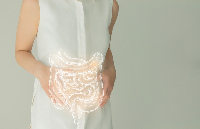 Woman with highlighed intestines, showing digestive health