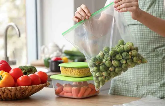 A woman freezing food in containers and packets