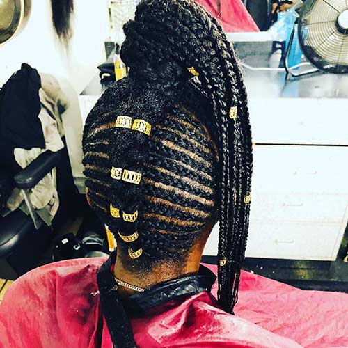 Accessorized high ponytail braided updo for black women