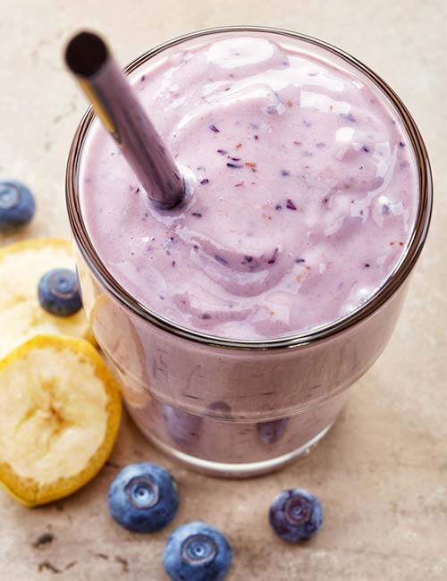 Homemade blueberry almond butter and banana smoothie