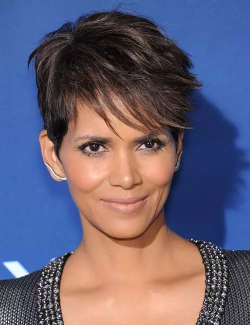 Feathered bangs brown short pixie cut hairstyle