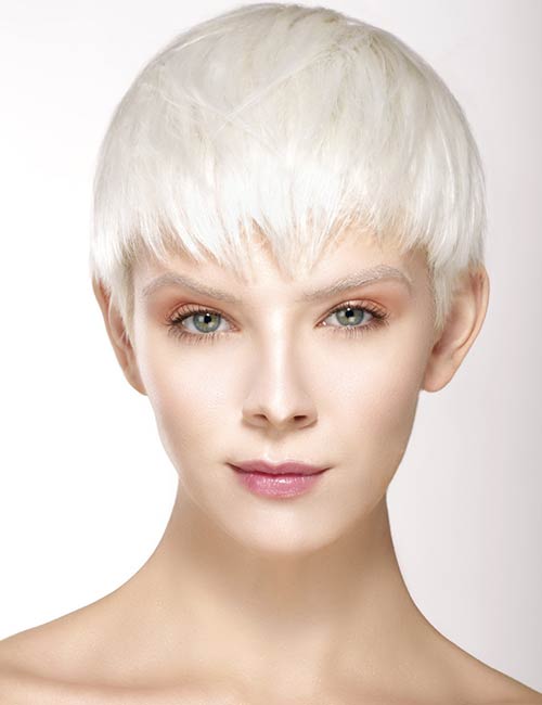 Short no parting pixie blonde hairstyle