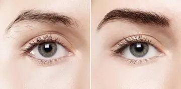 Before and after images of using castor oil on eyebrows