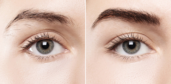 Before and after images of using castor oil on eyebrows