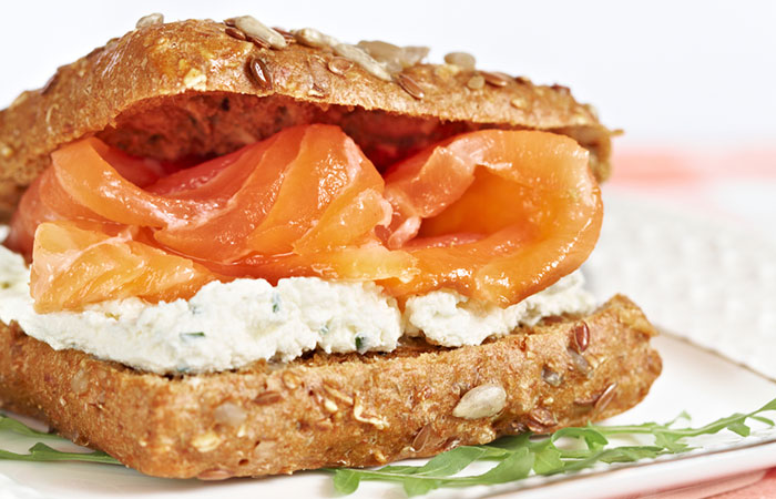 A smoked salmon sandwich with cream cheese