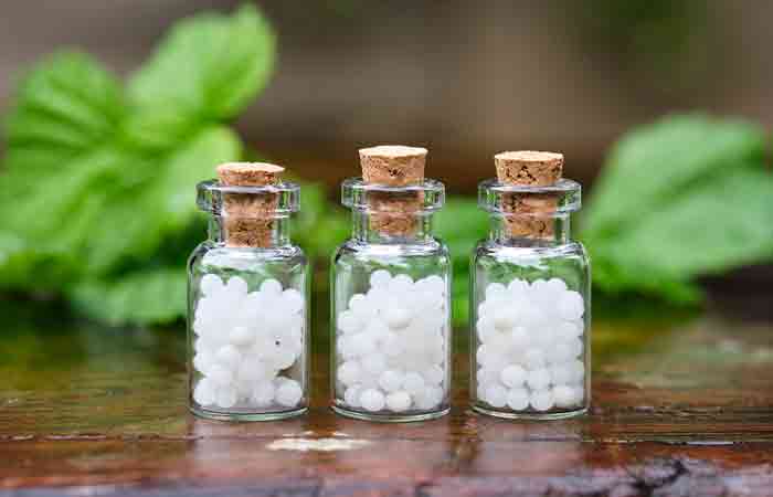 Three vials of homeopathy medicines for psoriasis