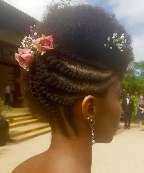Twisted cornrows floral updo braids hairstyle