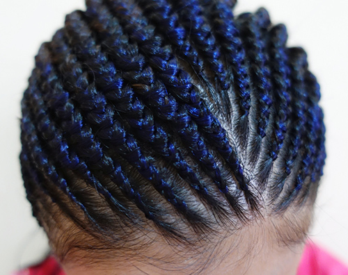 Blue-shaded cornrows braids hairstyle