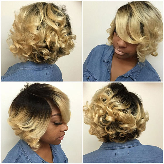 Dark-roots bold blonde bob haircut for black women