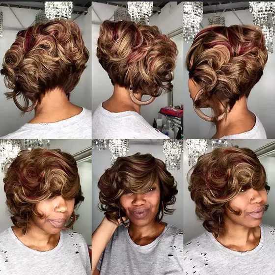 Golden-brown short curly bob with maroon highlights for black women