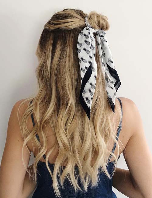 Half top knot style with a scarf