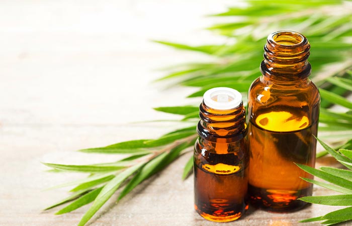 Bottles of tea tree essential oil for scabies