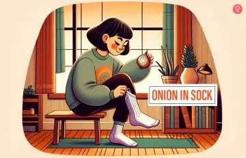 A girl tugging down her sock to put a sliced onion inside it