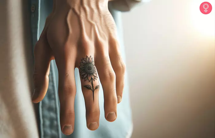 A minimalist sunflower outline tattoo on the middle finger