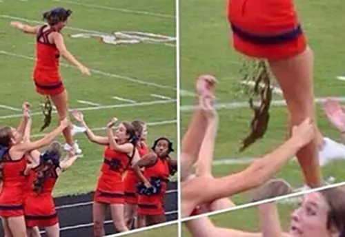 Such an OOPS moment for this cheerleader...A horrendeous moment for her gang too!