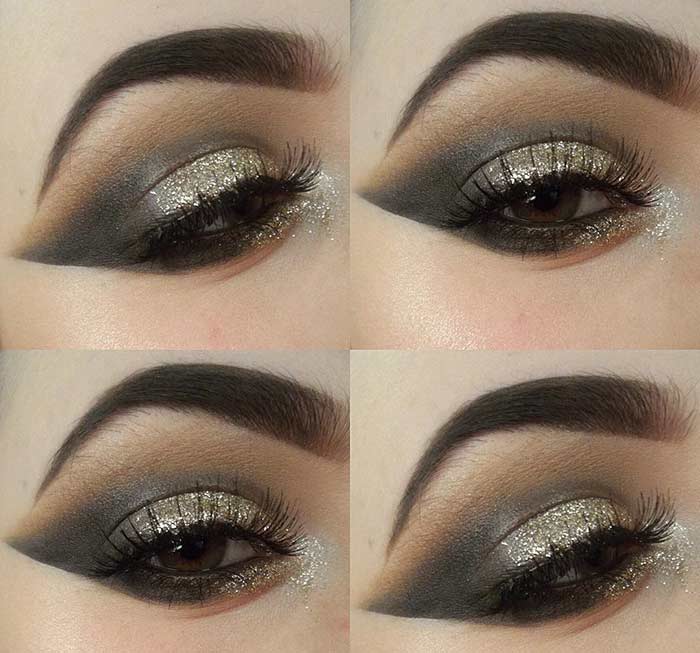 Black and gold glitter eye makeup to make hazel eyes pop