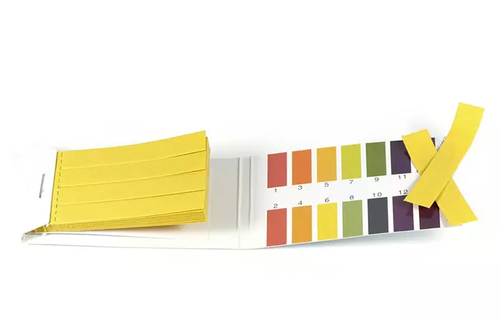 A pH indicator kit with strips and scale