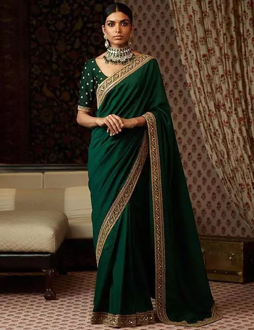 Olive green zardozi embroidered saree blouse design for zari saree