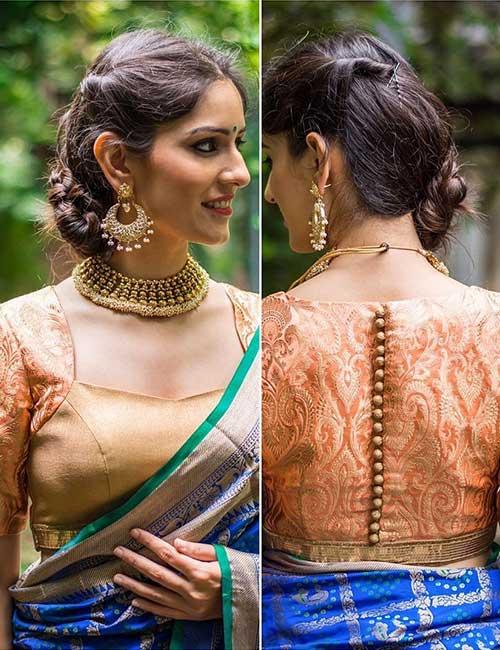 Peach And Gold Brocade Blouse For Pattu Saree