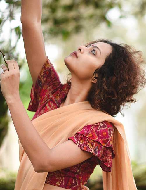 Printed saree blouse design with layered flap hands for cotton saree