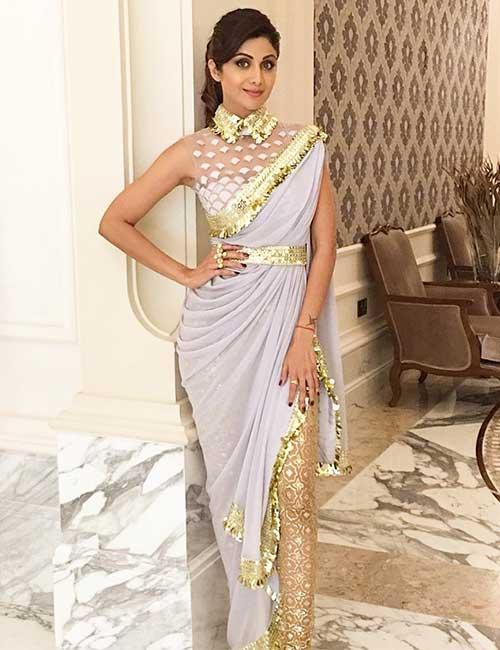 Doctor Blue Drape Saree with sheer Embellished jacket