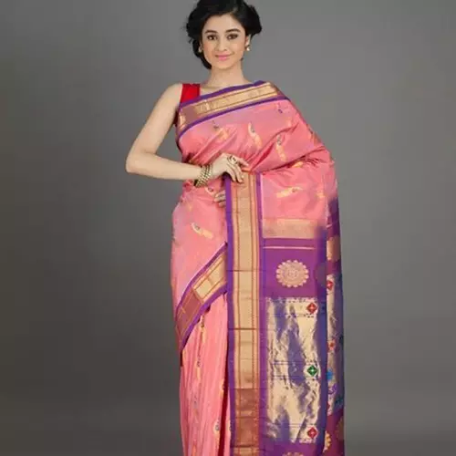 Baby pink and lilac with peacock motifs paithani saree for wedding