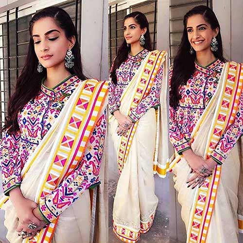 Sonam Kapoor in a Kutch blouse and a raw silk saree