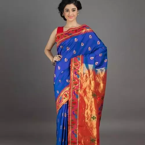 Electric blue and crimson red paithani saree for wedding