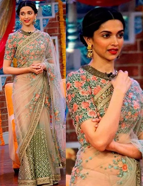 Deepika Padukone in a green tulle applique work saree with high neck floral blouse