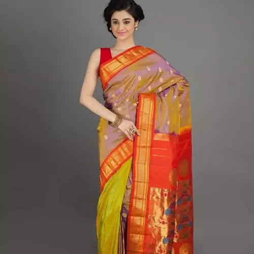Light blue saree and orange pallu design paithani saree for wedding