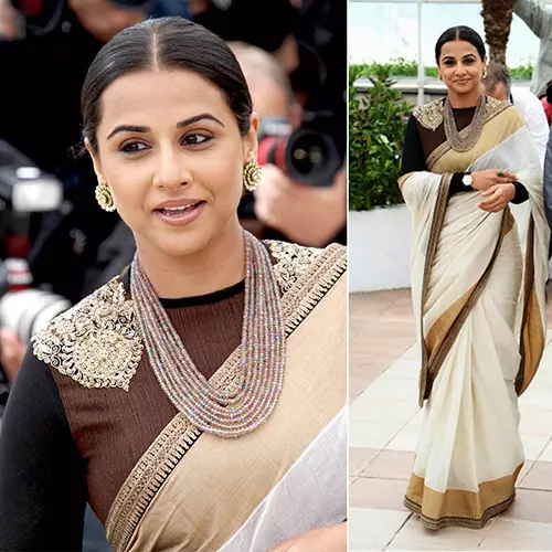 Vidya Balan in an off-white cotton saree with black full sleeves embroidered blouse