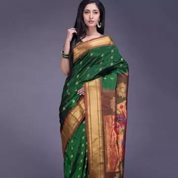 Olive green and gold lotus design paithani saree for wedding