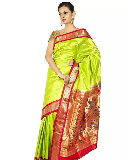 Parrot green body and orange embellished pallu paithani saree for wedding