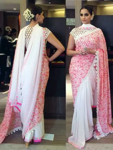 Sonam Kapoor in a peach and pink georgette saree with multi work blouse